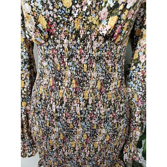 SHEIN Babydoll Dress Womens Large Multi Floral Flare Hem Smocked Deep V Neck - Picture 5 of 13